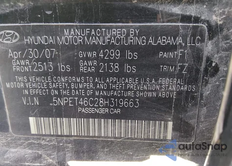 2008 Hyundai Sonata Gls z USA, uszkodzony, nr VIN 5NPET46C28H319663